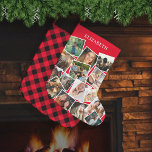 Red Name Photo Collage Large Christmas Stocking<br><div class="desc">Personalized christmas stocking featuring a traditional red background that can be changed to any color,  a 15 photo collage for you to replace with your own pictures,  and the persons name. On the reverse is a traditional festive plaid tartan pattern.</div>