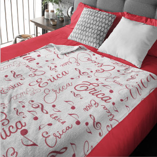  Red Names and Speckled Musical Notes white Fleece Blanket
