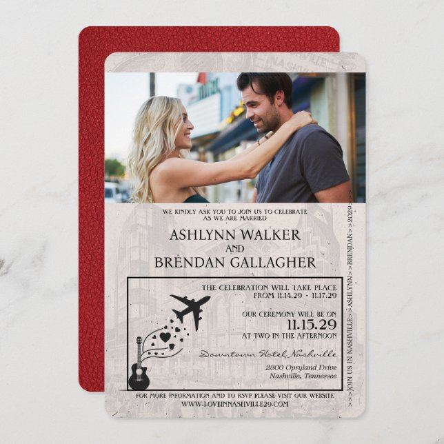 Red Nashville Passport Wedding Invitation (Front/Back)