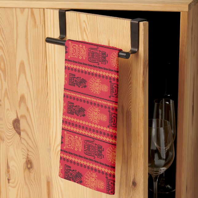Red Native Pattern Ethnic Tribe Boho Culture Kitchen Towel (Thirds Fold)