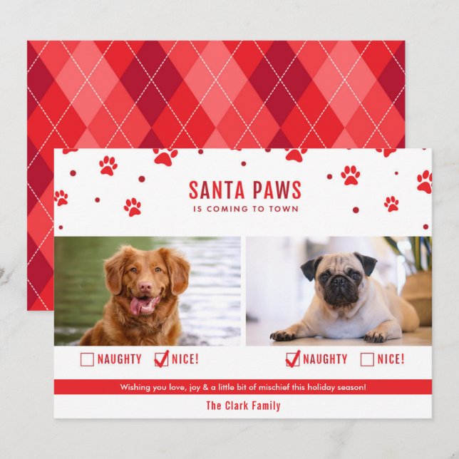 Red Naughty or Nice Two Dog Christmas Photo Card (Front/Back)