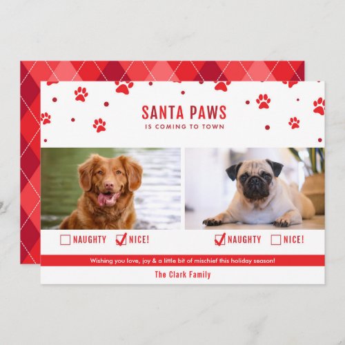 Red Naughty or Nice Two Dog Christmas Photo Card