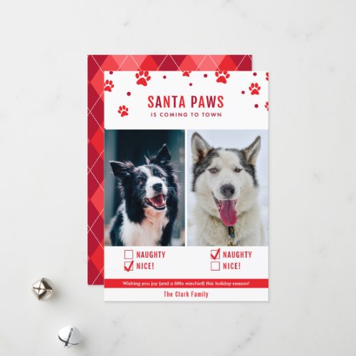 Red Naughty or Nice Two Dog Christmas Photo Card