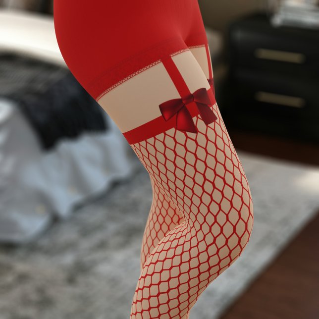 Red Naughty Valentine Faux Fishnet Sexy Bow Leggings (Perfect leggings to wear for your Valentine)