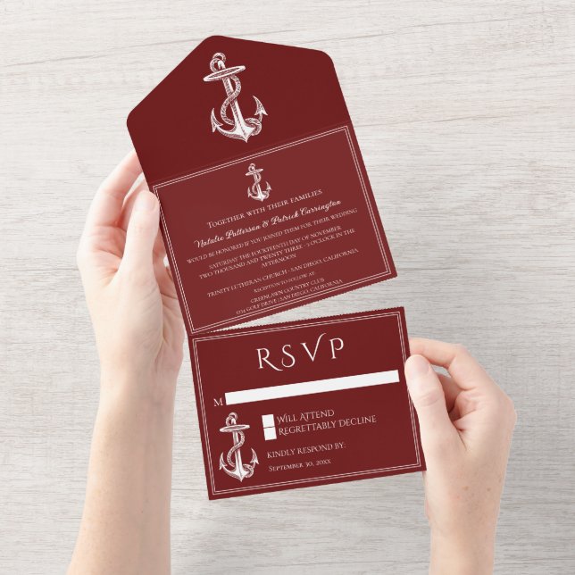 Red Nautical Anchor All in One Wedding Invite (Tearaway)