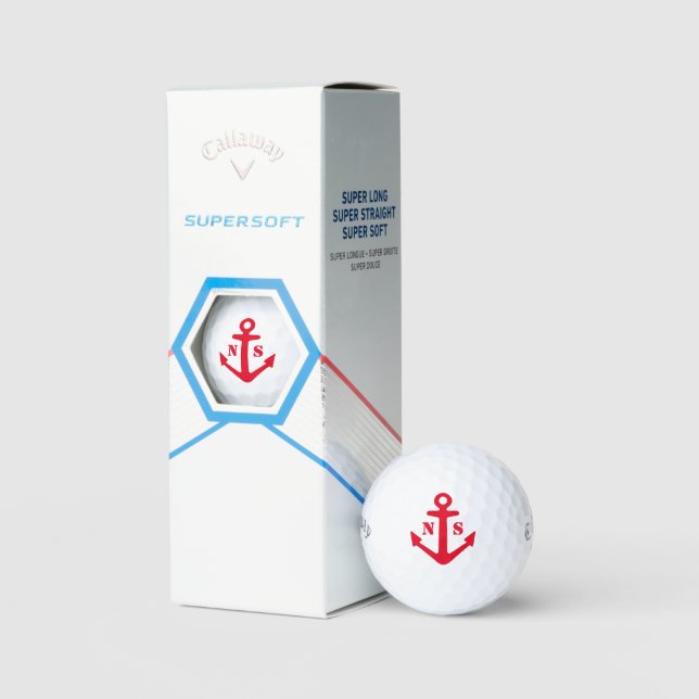 Red nautical anchor custom monogram super soft golf balls (Packaging)