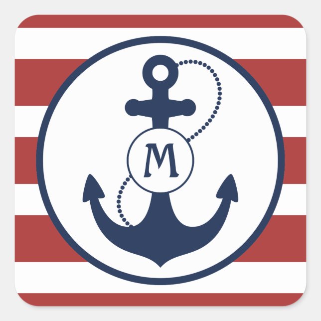 Red Nautical Anchor Monogram Square Sticker (Front)