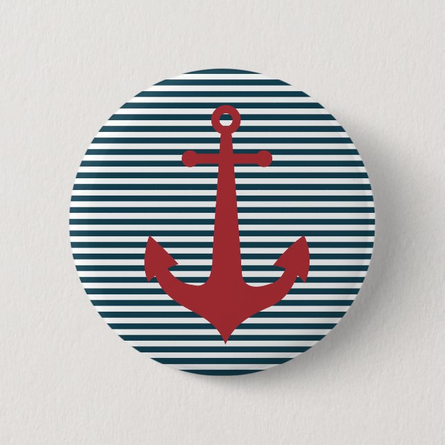 Red nautical anchor on striped blue background button (Front)