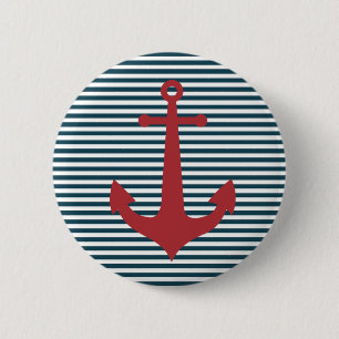 Red nautical anchor on striped blue background button