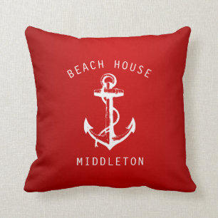 Red Nautical Anchor Throw Pillow