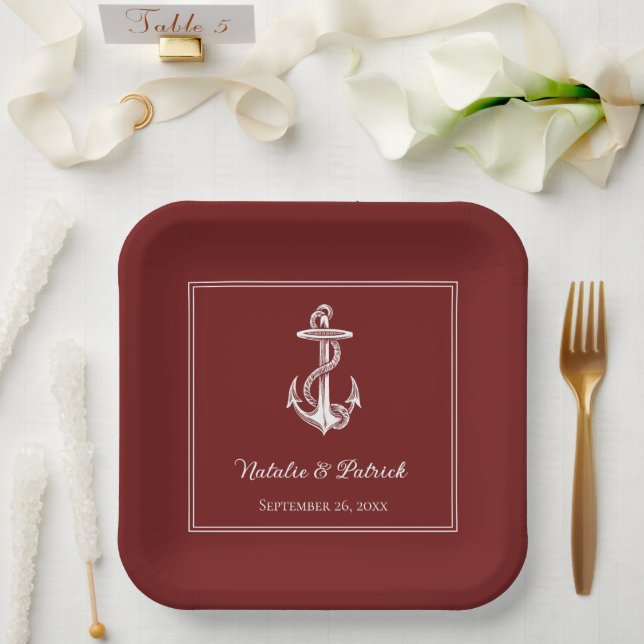 Red Nautical Anchor Wedding Paper Plates (Wedding)