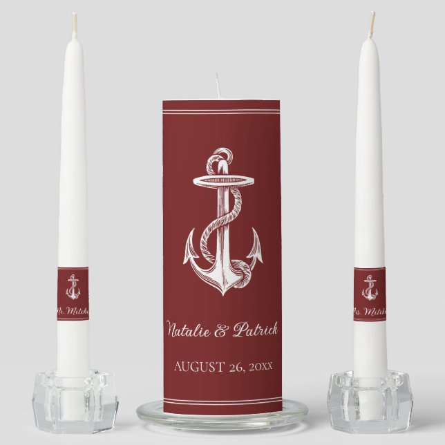 Red Nautical Anchor Wedding Unity Candle Set (Front)