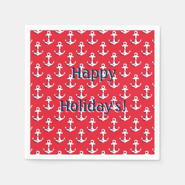 Red Nautical Anchors Customizable Holiday Message Napkins (Front)