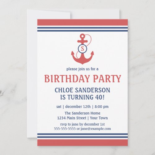 Red Nautical Birthday Party Invitationswith Anchor Invitation