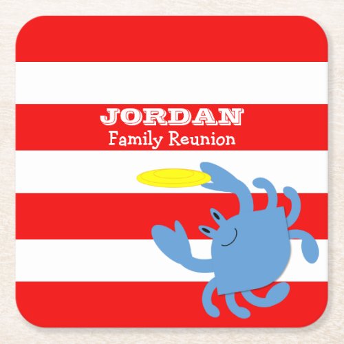 Red Nautical Blue Crab Personalized Square Paper Coaster