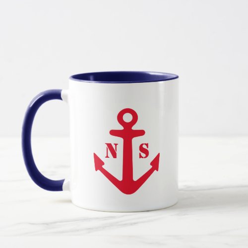 Red nautical boat anchor custom name monogram mug