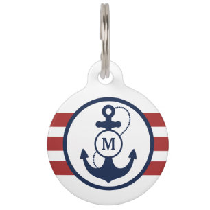 Red Nautical Monogram Pet Name Tag