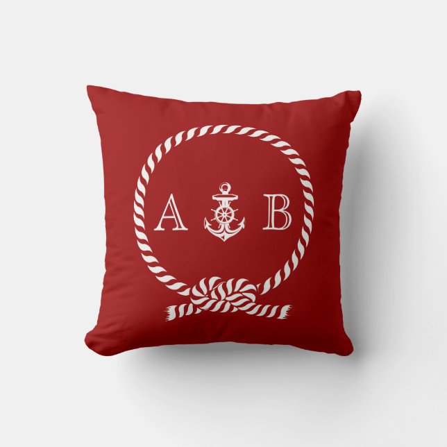 Red Nautical Rope and Anchor Monogram Throw Pillow (Front)
