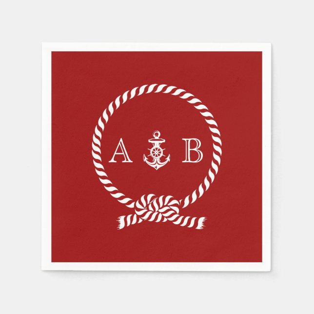 Red Nautical Rope and Anchor Monogrammed Paper Napkins (Front)