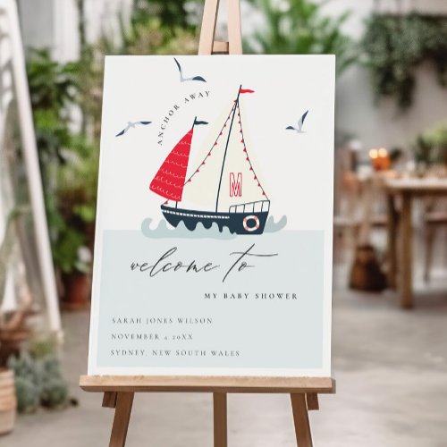 Red Nautical Sailboat Pastel Baby Shower Welcome Foam Board
