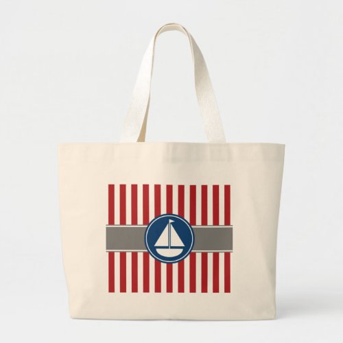 Red Nautical Sailboat Stripes Large Tote Bag