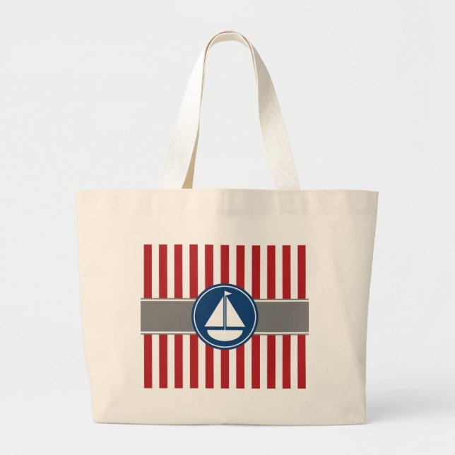 Red Nautical Sailboat Stripes Large Tote Bag (Front)