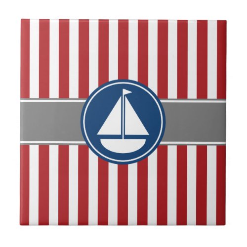 Red Nautical Sailboat Stripes Tile