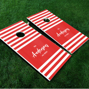 Red Nautical Stripe Family Name Cornhole Set
