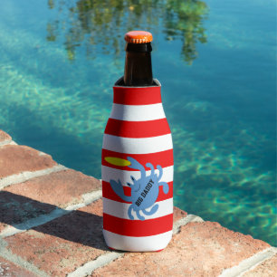 Red Nautical Stripe Frisbee Crab Personalized Bottle Cooler