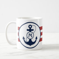 Red Nautical Stripes with Anchor and Monogram Coffee Mug