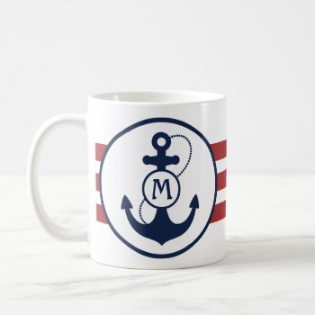 Red Nautical Stripes With Anchor And Monogram Coffee Mug by snowfinch at Zazzle