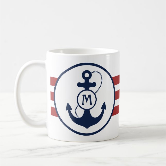 Red Nautical Stripes with Anchor and Monogram Coffee Mug (Left)