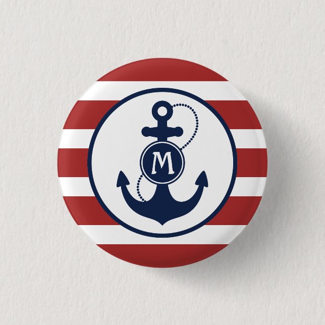 Red Nautical Stripes with Anchor Monogram Pinback Button (Front)