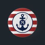 Red Nautical Stripes with Anchor Monogram Pinback Button<br><div class="desc">Red nautical stripes with navy blue anchor and monogram.</div>