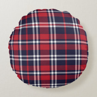 Red Navy Asymmetric Plaid Texture Round Pillow