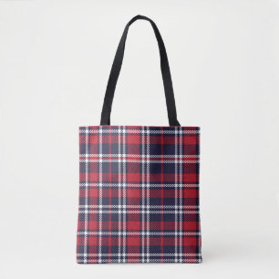 Red Navy Asymmetric Plaid Texture Tote Bag