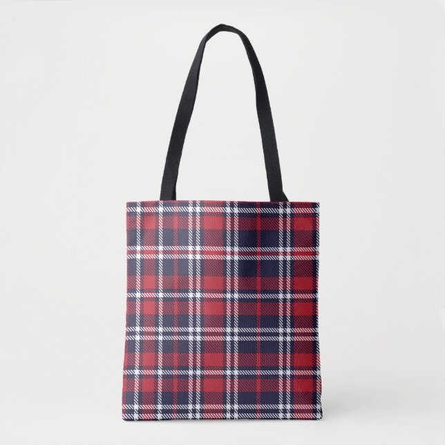 Red Navy Asymmetric Plaid Texture Tote Bag (Front)