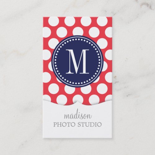 Red  Navy Big Polka Dots Monogrammed Business Card