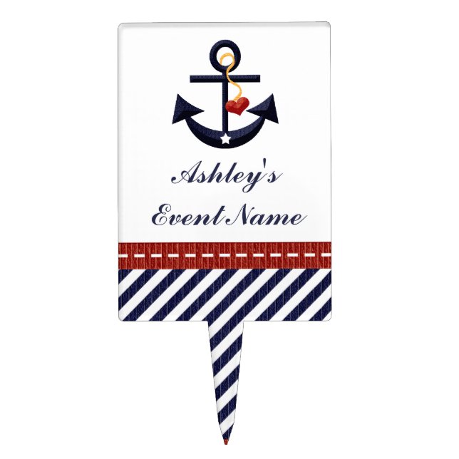 Red Navy Blue Anchor Nautical Cake Pick Topper (Front)