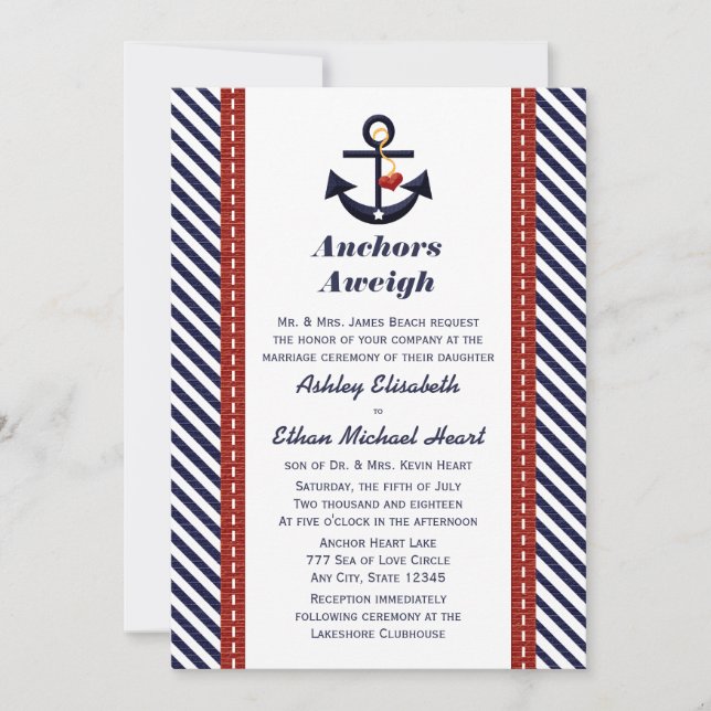 Red Navy Blue Anchor Nautical Wedding Invitations (Front)