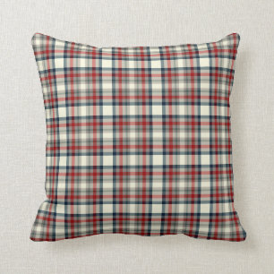 Red, Navy Blue and Gray Plaid Pattern Throw Pillow