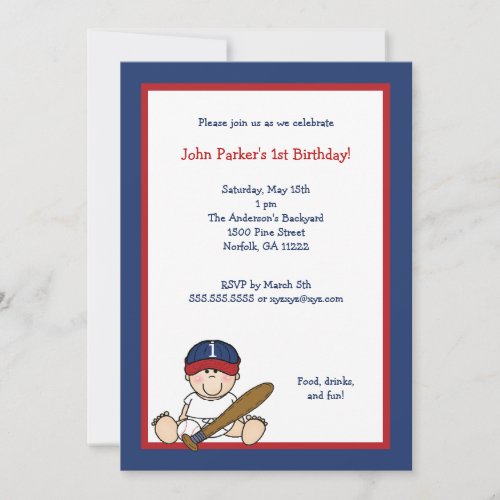 Red Navy Blue  Baseball 1st Birthday Party Invite