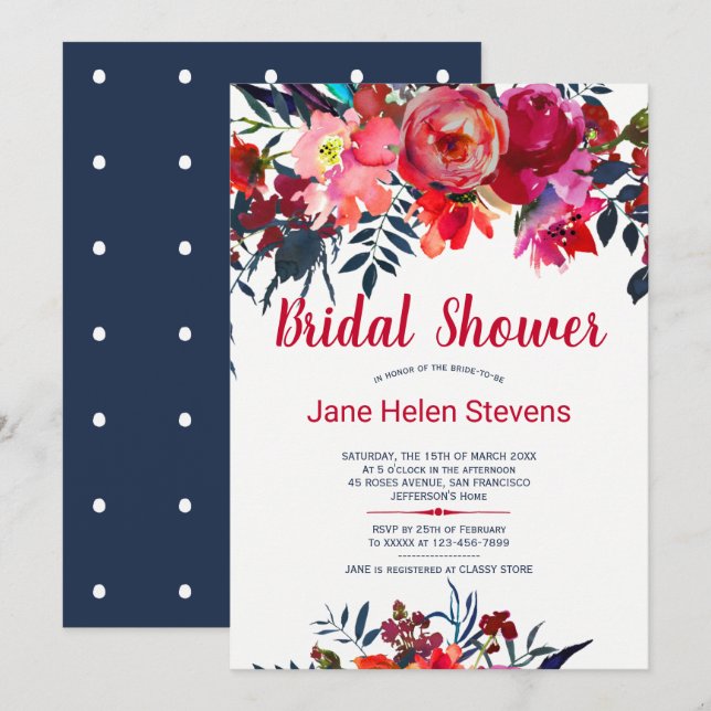 Red navy blue bohemian floral bridal shower invitation (Front/Back)