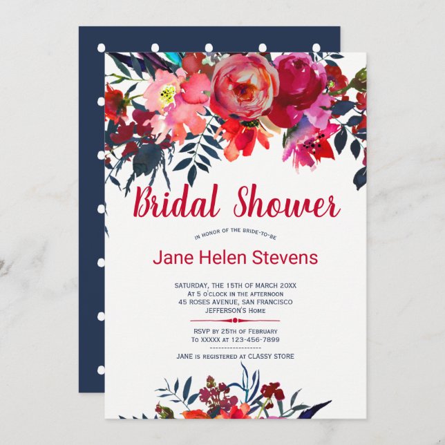 Red navy blue bohemian floral bridal shower invitation (Front/Back)