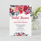 Red navy blue bohemian floral bridal shower invitation (Standing Front)