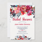Red navy blue bohemian floral bridal shower invitation (Front)
