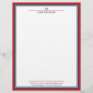 Red Navy Blue Border Monogram Name Address Letterhead