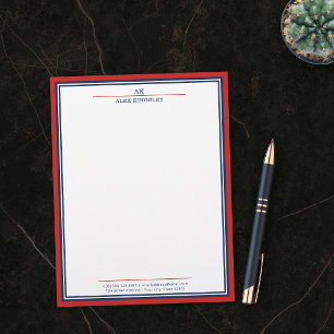 Red Navy Blue Border Monogram Name Address Letterhead