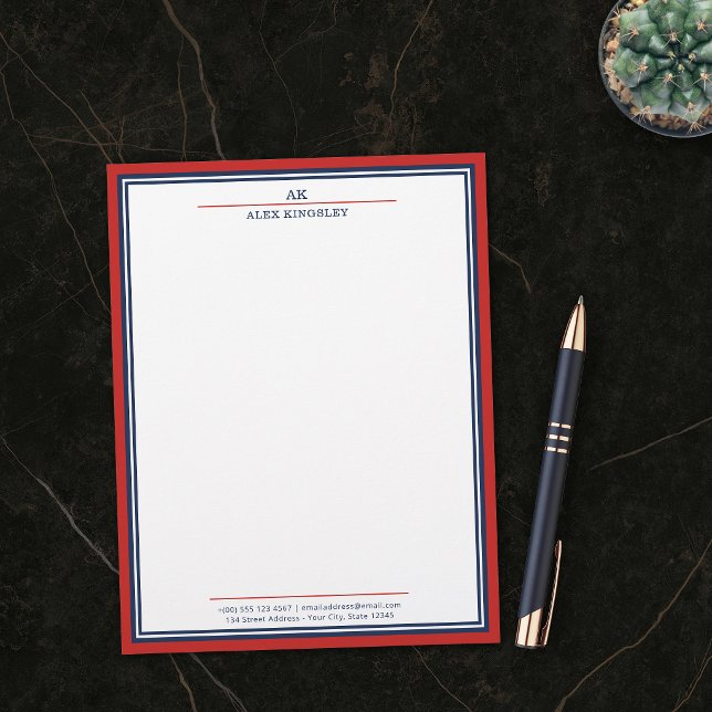 Red Navy Blue Border Monogram Name Address Letterhead (Creator Uploaded)