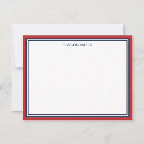 Red  Navy Blue Borders Add Your Name Note Card